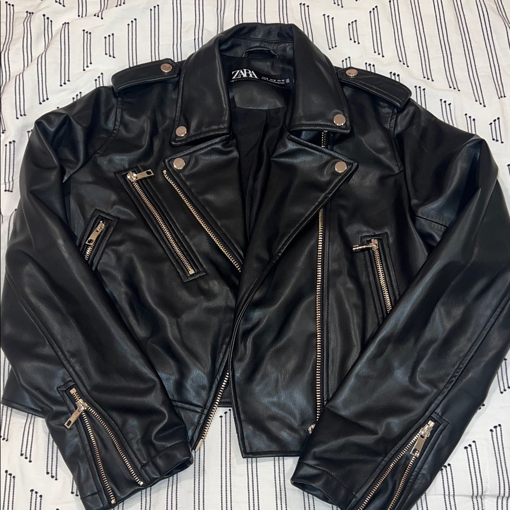 Zara Black Faux Leather Crop Biker Jacket with Gold Hardware